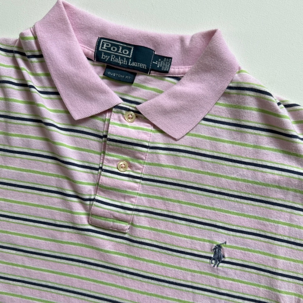 Polo Ralph Lauren Mens Large Custom Fit Striped Polo Shirt Pink Green Navy